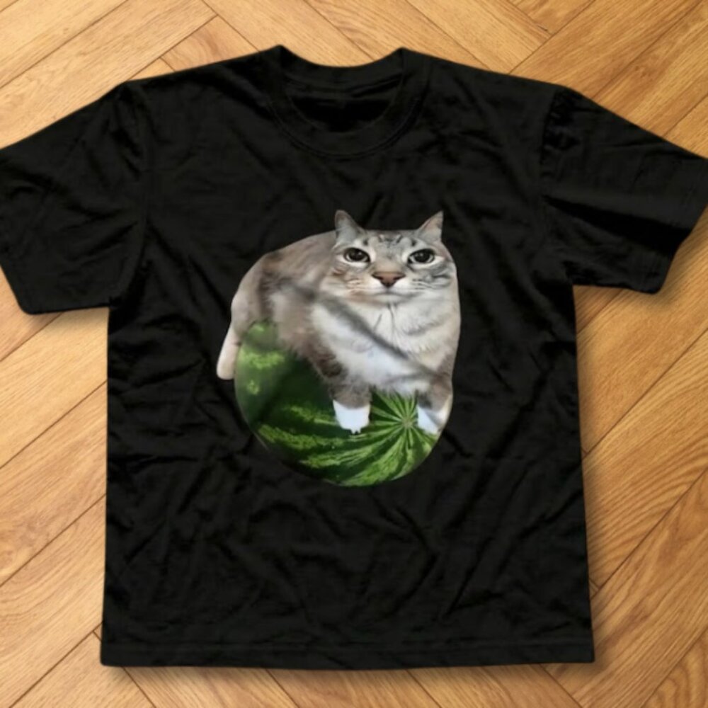 Black Funny Cat Watermelon Meme Graphic T-Shirt Cute Cat Humor Tee